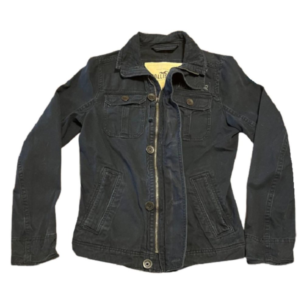 Vintage Distressed Hollister Button Up Zip Jean Jacket Black Size S